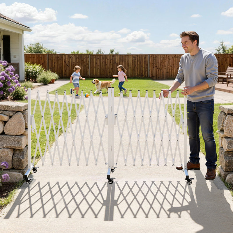 Double barricade extensible, barrière de sécurité extensible 18 pi, barricade mobile rotative 0-180 ° avec roulettes verrouillables, barrière de sécurité portative pliante pour escalier de jardin