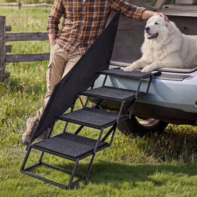 Dog Stairs for Car, 4 Steps Extra Wide Foldable Dog Ramp for Large Dogs with Non-Slip Rug Surface, Portable Lightweight Pet Ladder for Car, SUV, Truck, High Beds, Sofas, Support up to 400 lbs