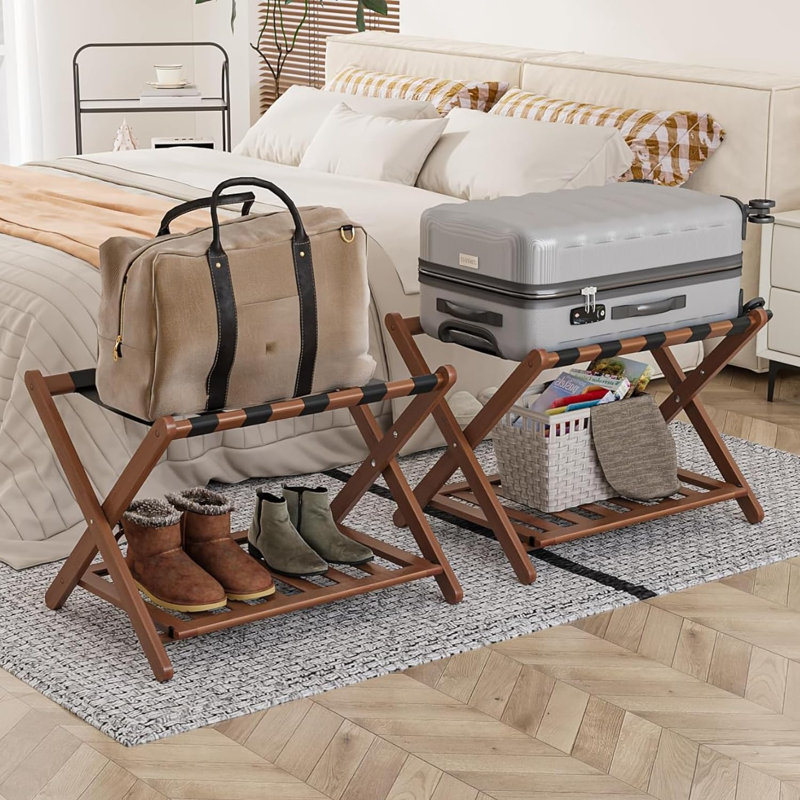 Walnut Bamboo Foldable Luggage Rack with Shoe Shelf, 2 Pack