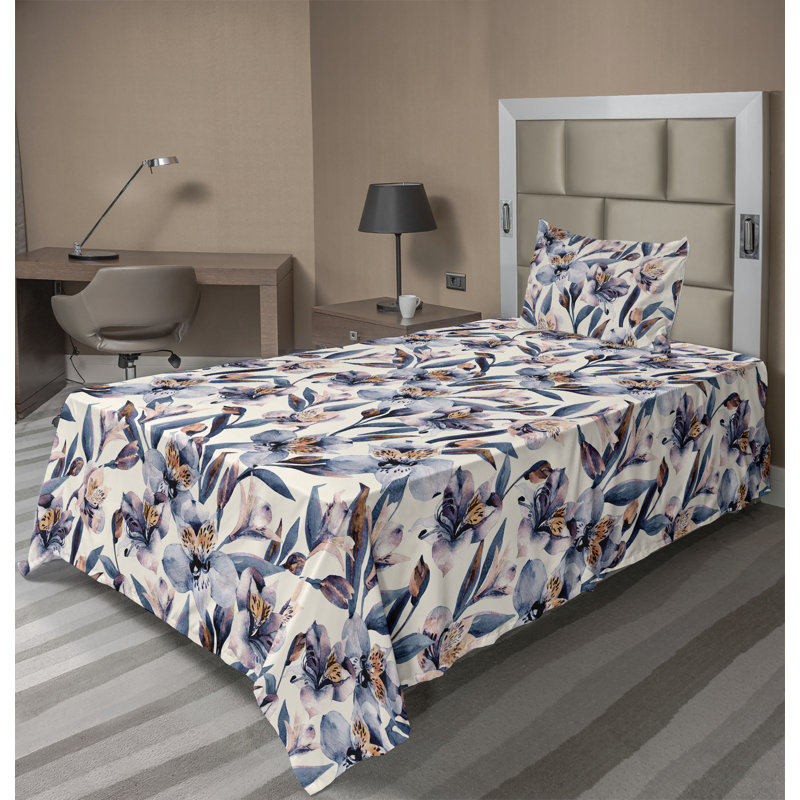 Ambesonne Watercolor Botany Sheet Set 4 Pcs Retro Boho Bloom, Lavender Blue Pale Orange Floral