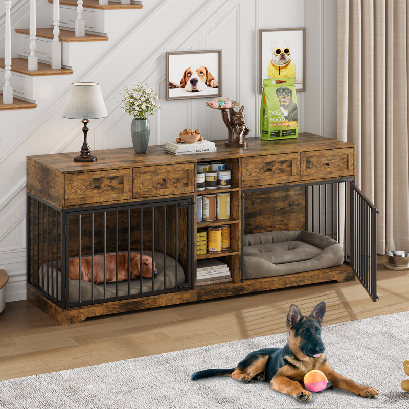 Meuble de rangement double 81,9 "pour 2 chiens avec 4 tiroirs, Brun