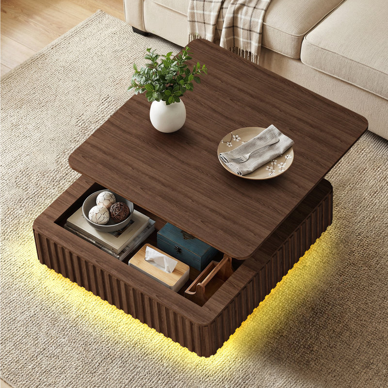 Table basse à plateau relevable, table basse cannelée avec lumières RVB et prise de courant USB, tables de salle à manger en bois avec rangement caché pour le salon, le bureau, la place