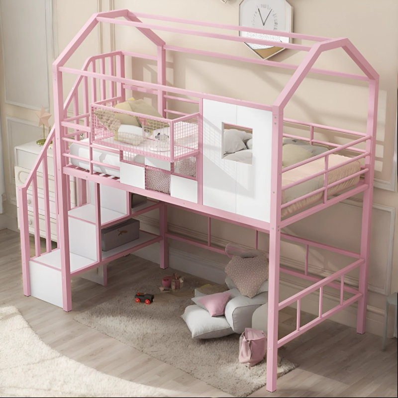 Simonetta Twin Loft Loft Bed with Shelves, Pink
