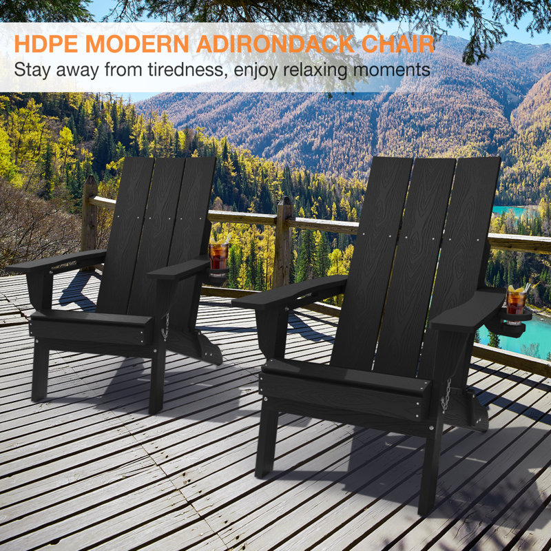 All Weather HDPE Folding Outdoor Adirondack Chair with Cup Holders Durable Oversized Fire Pit Chair Easy Assembly Easy Maintenance Patio Lawn Chair with 380Lbs Load Bearing for Porch, Garden, Backyard, Patio, Deck, Fire pit, Black