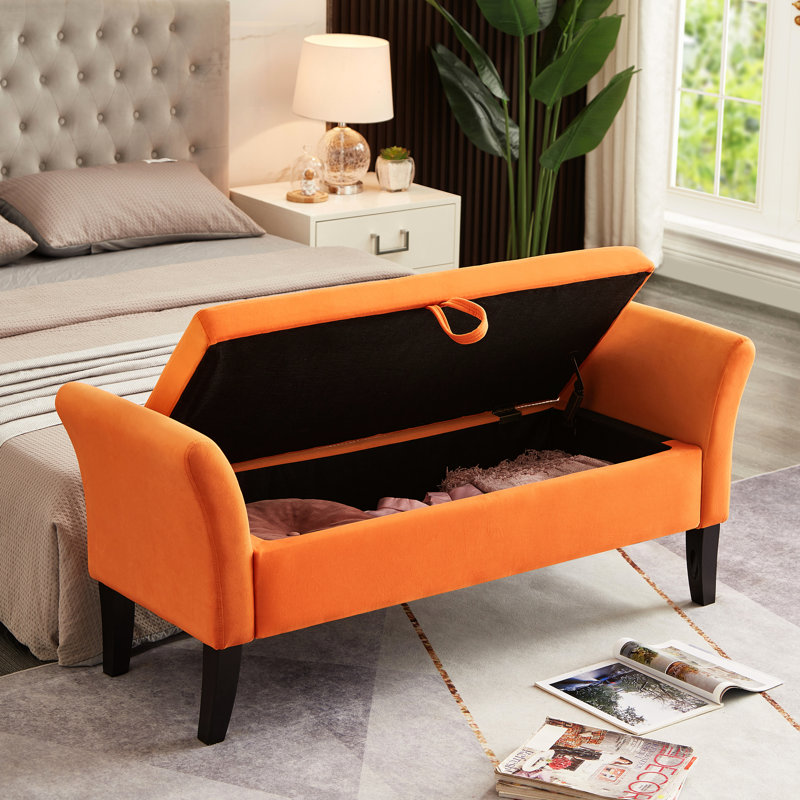 Siège de rangement pour chaussures orange en velours de 51,5 po de long et pratique