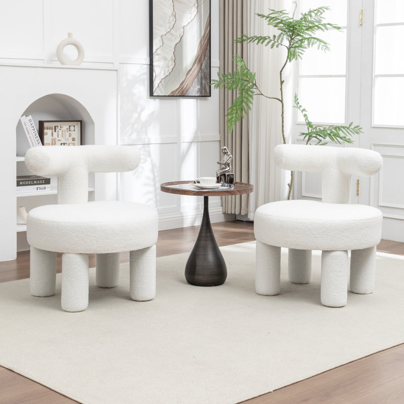 Fauteuil demi-tonneau rembourré Bula, Blanc, Teddy