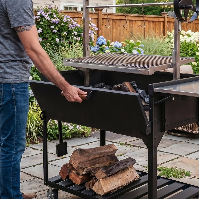 Barbecue en bois et charbon Santa-Style avec grille réglable à manivelle et roulettes verrouillables