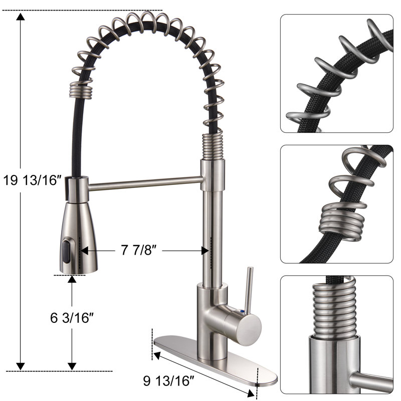 Robinet de cuisine rétractable à poignée simple avec accessoires, Nickel brossé