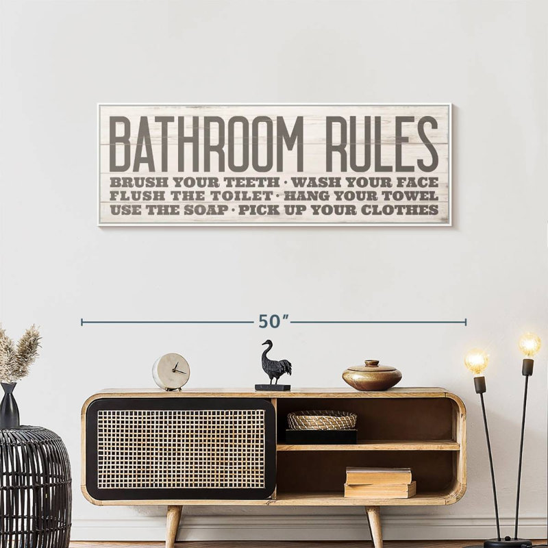 Vintage Bathroom Rules III, 46" X 16", Floating Frame White