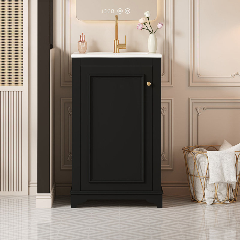 Meuble-lavabo de salle de bain avec lavabo en céramique, meuble-lavabo simple autoportant avec porte à fermeture douce, Noir