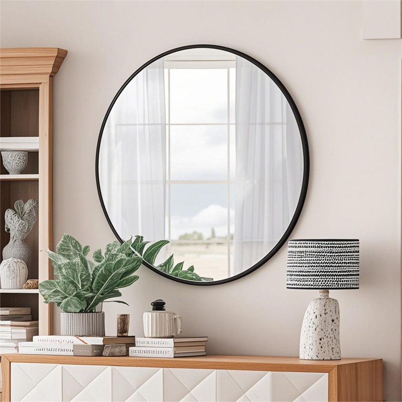 Hermien Round Bathroom Mirror Aluminum Alloy Wall Mirror, Round, Black, 24" x 24"