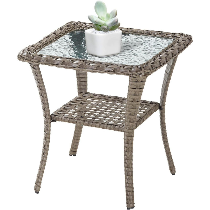 Handwoven Wicker Side Table - Small Outdoor Side Table 2 Tier Storage Patio Side Table With Tempered Glass Top, All Weather Outdoor End Table For Deck Balcony Outside