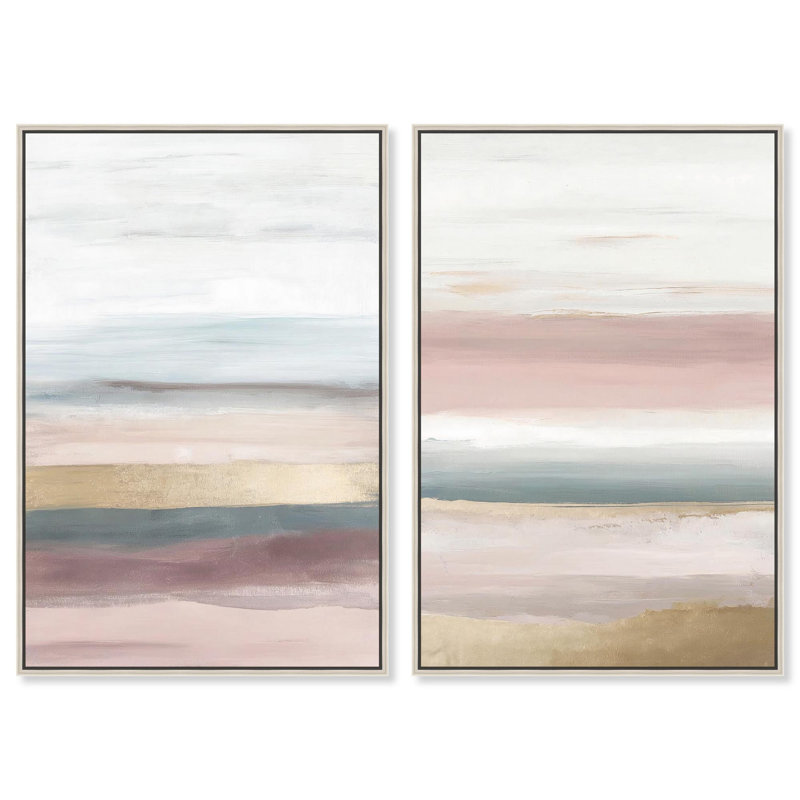 Serenity in Stripes Set Canvas Set of 2 Minimal Abstract by , H 45 po x l 30 po, Encadrement argenté
