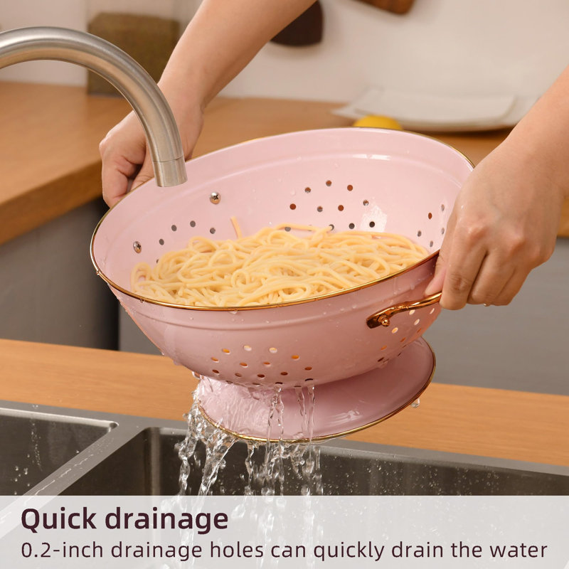 Metal Colander Set Of 2, Strainer Basket With Handles 3.5 & 5 Qt Powder Coated Self-Draining Solid Ring Base Metal Large Kitchen Colander Bowel For Pasta Vegetable Fruit