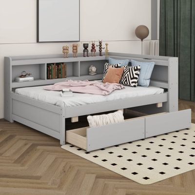L-Shaped Corner Bed with Bookcase Storage and Two Drawers, Wood Platform Bed with Power Outlets, USB Charging Ports