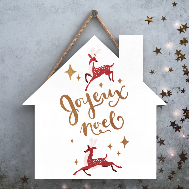 Xmas Joyeux Noel Wooden House Plaque, 9.9cm H x 9.9cm W x 0.5cm D