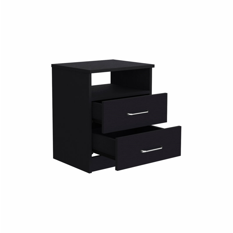 Table de chevet, deux tiroirs, tablette ouverte, table de chevet, Noir