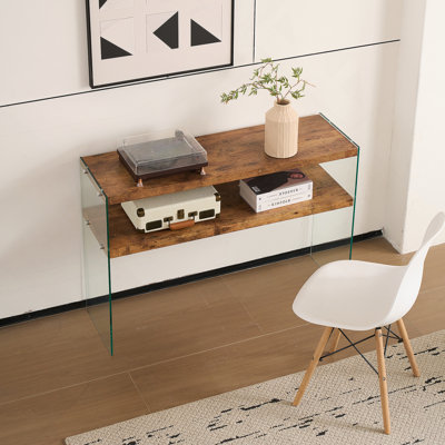 Console polyvalente en panneau de fibres à densité moyenne avec verre trempé noyer, idéale pour plusieurs décors et diverses fonctionnalités