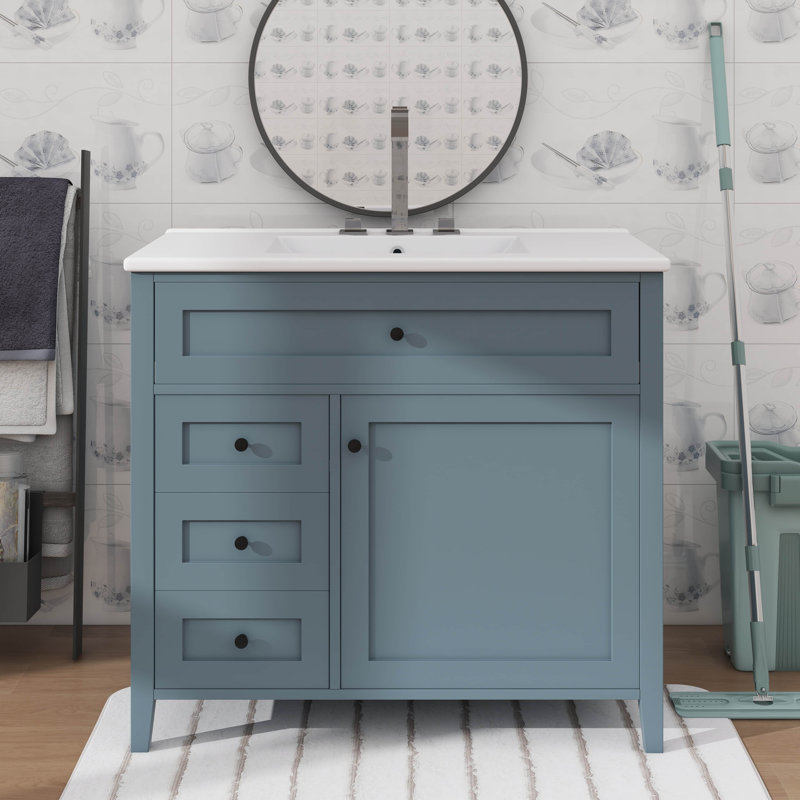 Meuble-lavabo autoportant de 36 pouces avec lavabo, armoire, 3 tiroirs et tablette réglable, Bleu