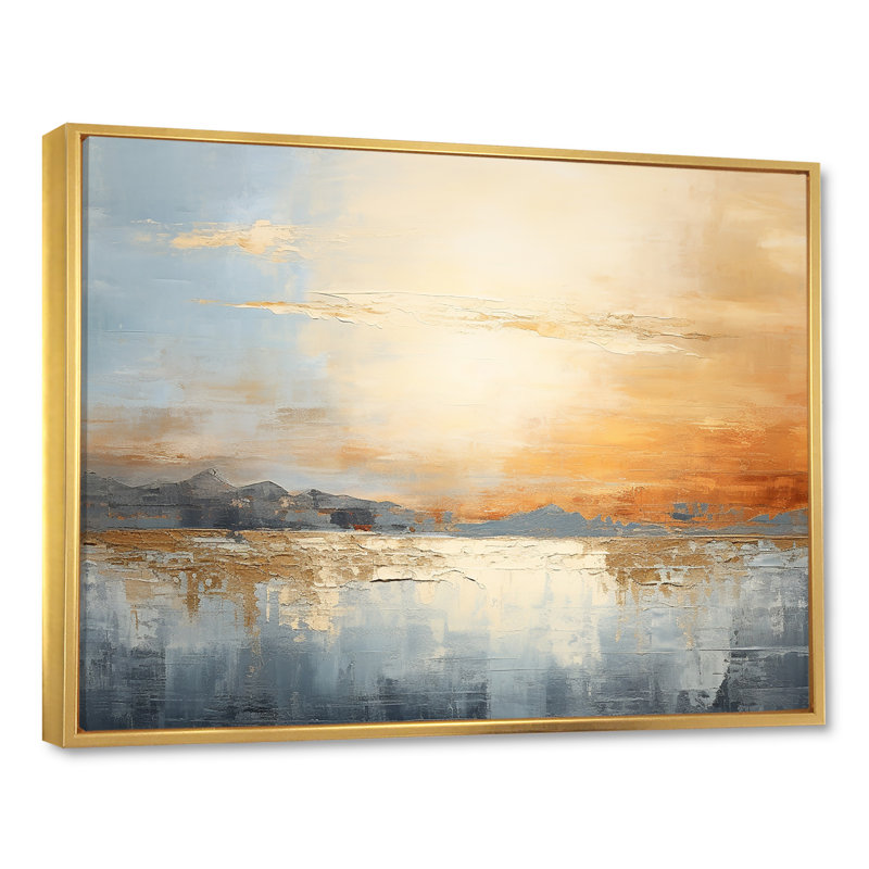 Minimalisme beige et coucher de soleil doré sur toile, H 24 po x l 32 po x P 1 po, Cadre flottant doré