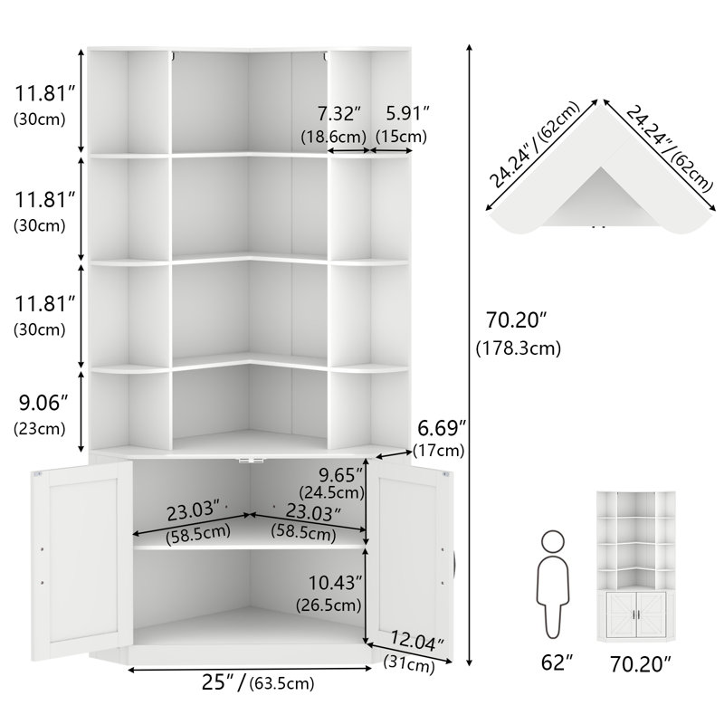Corner Bookshelf With Doors, 6 Tier Corner Bookcase With Storage Cabinet