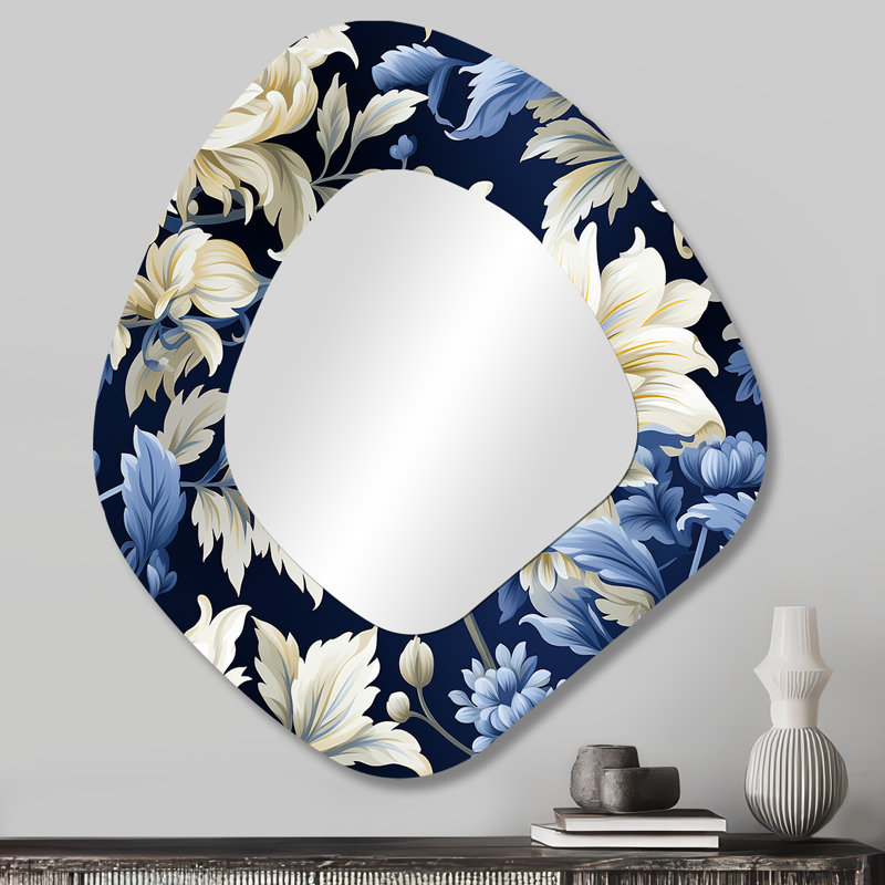 Astral bleu blanc damassé Radiance IV - miroir décoratif de forme unique damassé, miroir mural asymétrique blanc, impression d'art en métal