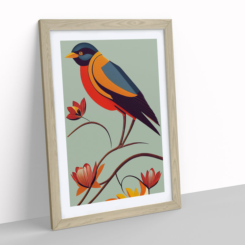 Cheerful Bird - Single Picture Frame Painting, Oak, 64cm H x 46cm W x 2cm D