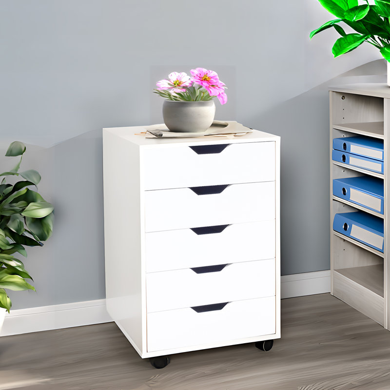 FixtureDisplays® 17 X 15 X 25" 5-Drawer Cabinet, White Bedside Table Nightstand, Slide Drawer, Easy Mobility on Wheets 10200