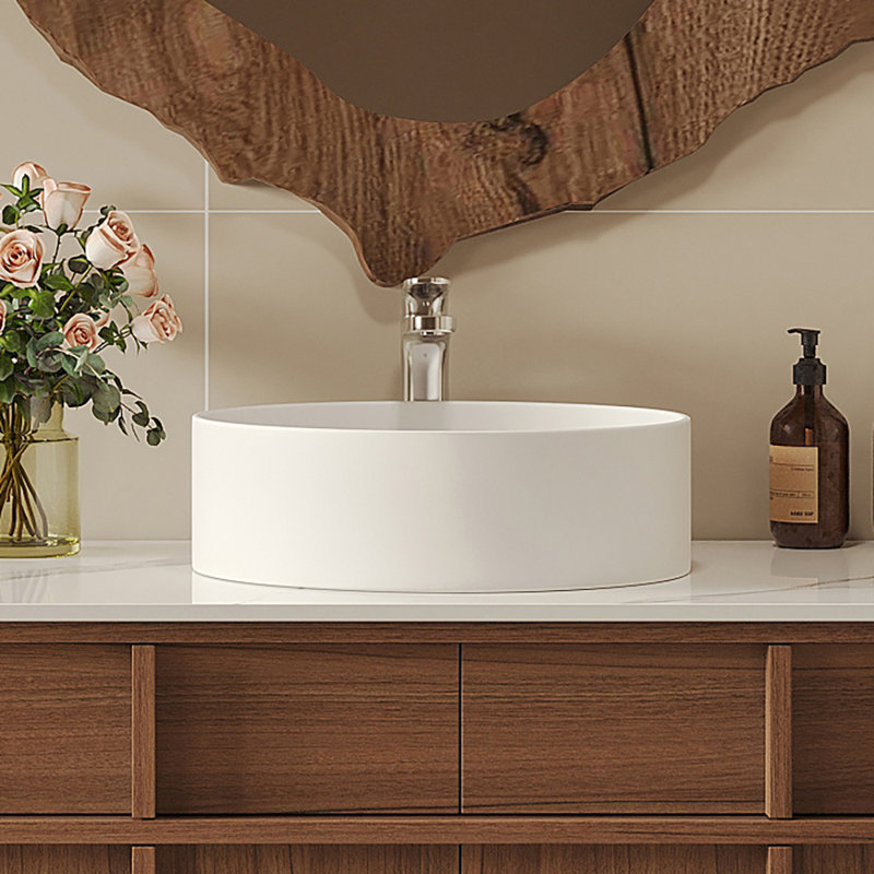 Lavabo vasque de salle de bain rond en céramique blanc 13,78 ", lavabo de comptoir moderne avec ouverture de drain 1,75"