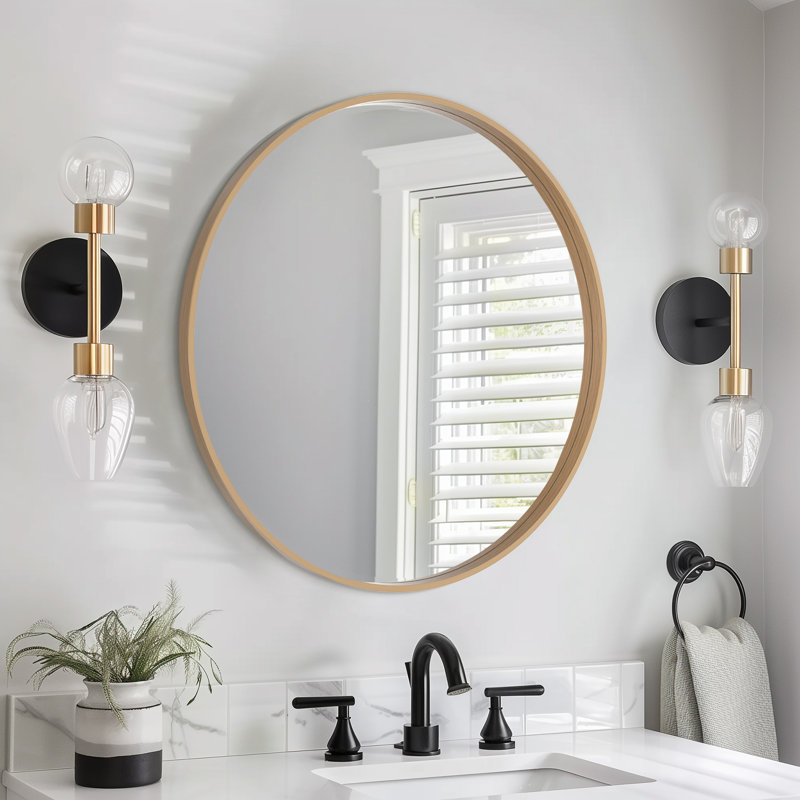 Miroir mural rond en bois pour meuble-lavabo de salle de bain, Bois naturel, 24 po x 24 po