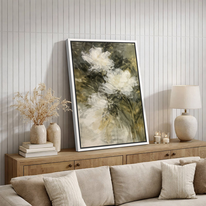 Art floral botanique blanc doux, photos de salon, impression sur toile encadrée, H 24 po x l 16 po, Cadre flottant blanc