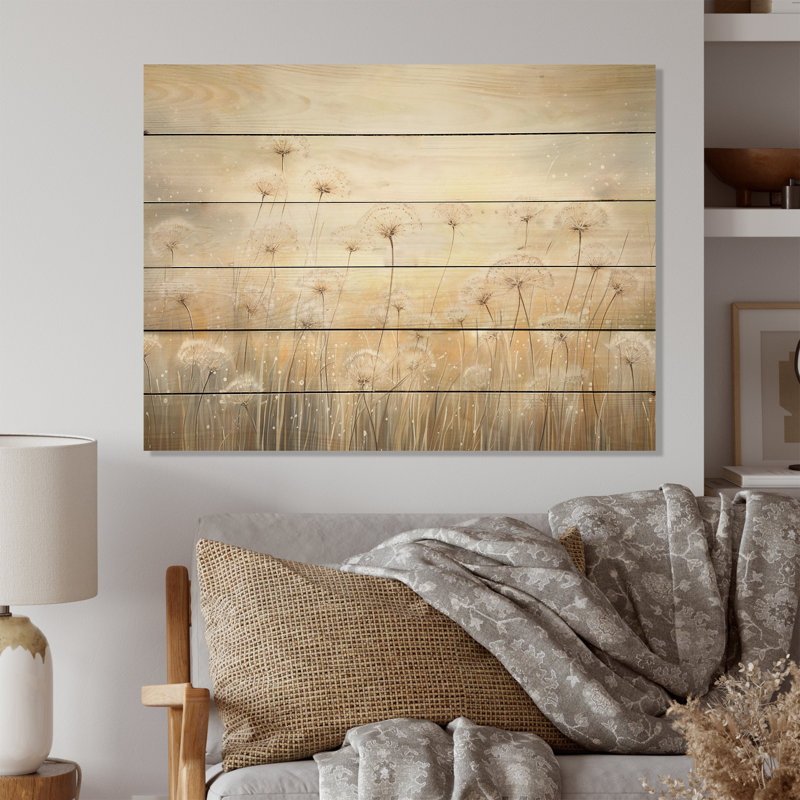Dandelion Field Breeze - Flower Field Wood Wall Art On Natural Pine Wood, 10" H x 20" W