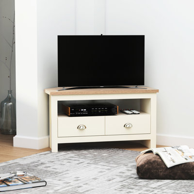Console d'angle pour téléviseur de 50 po, blanc avec tiroirs et rangement ouvert pour meuble de divertissement de salon, blanc, pouvant accueillir jusqu'à