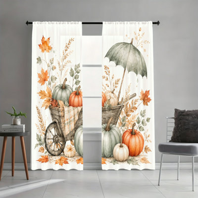 Rideaux filtrant la lumière avec passe-tringle 2PCS, rideaux imprimés d'automne, brouette citrouille, feuilles d'automne, décor de maison de campagne confortable, décorations de fenêtre toutes saisons pour salon, chambre à coucher, maison de ferme, décoration