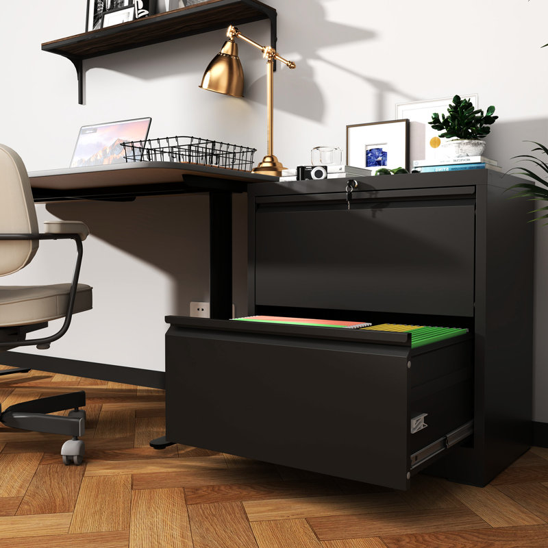 Armoire de rangement pour bureau, classeur horizontal avec serrure, classeur latéral en métal avec 2 tiroirs pour le bureau personnel, classeur latéral pour le rangement