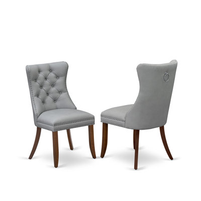 Upholstered Dining Room Chairs with Light Gray Polyester Fabric, Button Tufted & Pull Handle Back, Nailhead Trim, Solid Wood Legs, Padded Dining Chairs, Set of 2, Espresso
