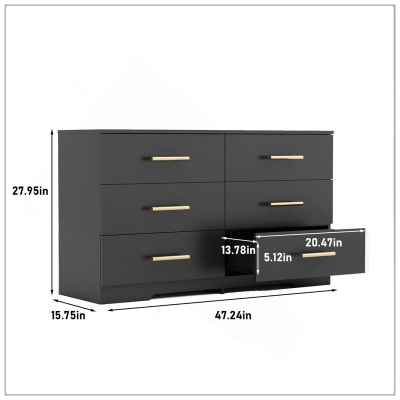 Black Color Large 6 Drawers Chest Of Drawer Dressers Table With Golden Handle, Black