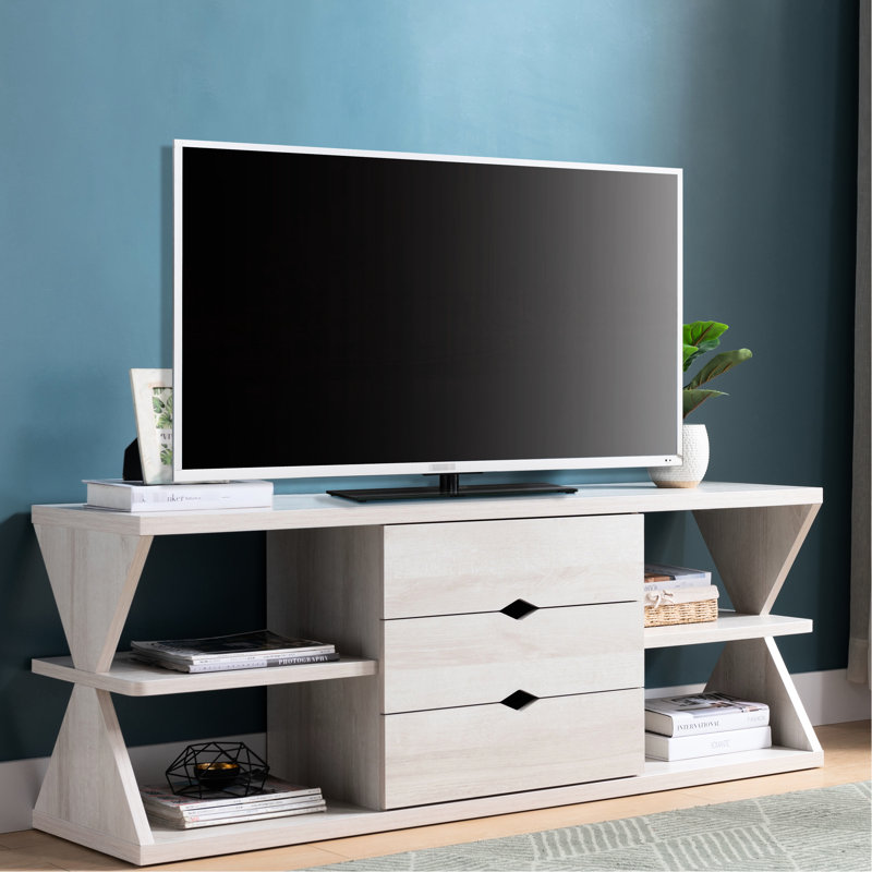 Table de télévision en chêne blanc avec quatre tablettes et trois compartiments à tiroirs