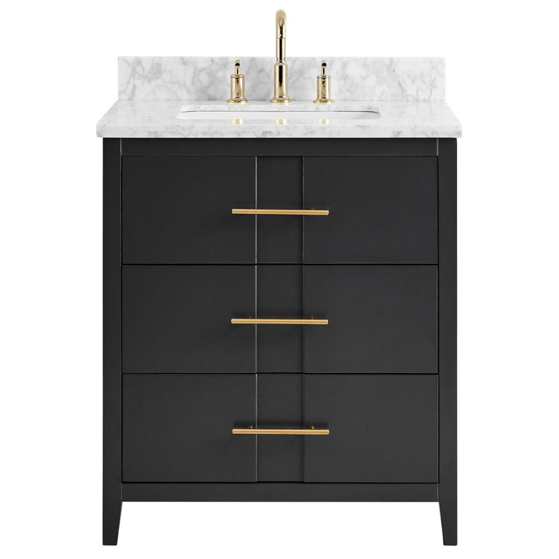 Marilena 30'' Single Bathroom Vanity with Carrara Marble Top, Black