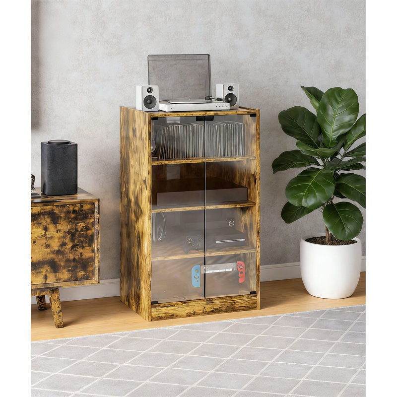 Rustic Brown 4-Tier Media Cabinet With Vinyl Storage, Adjustable Shelves, Tempered Glass Doors, Brown