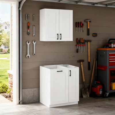 2-Piece White Garage Storage Cabinet System