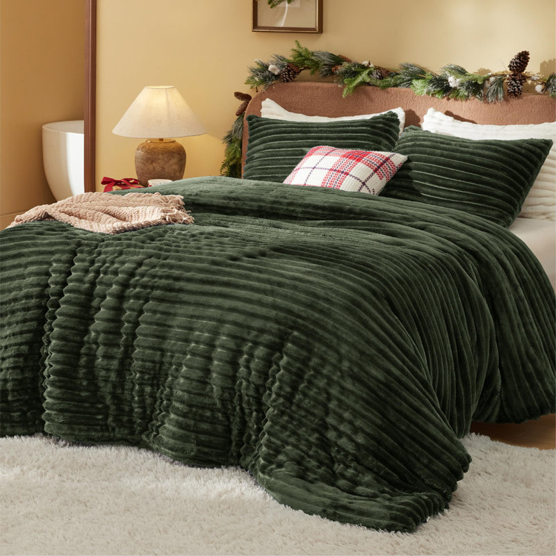 Ensembles d'édredon de taille très grand - 3 pièces de literie en molleton vert olive à double face, esthétique rayée confortable pour les chambres modernes et d'invités, décoration intérieure de luxe toutes saisons