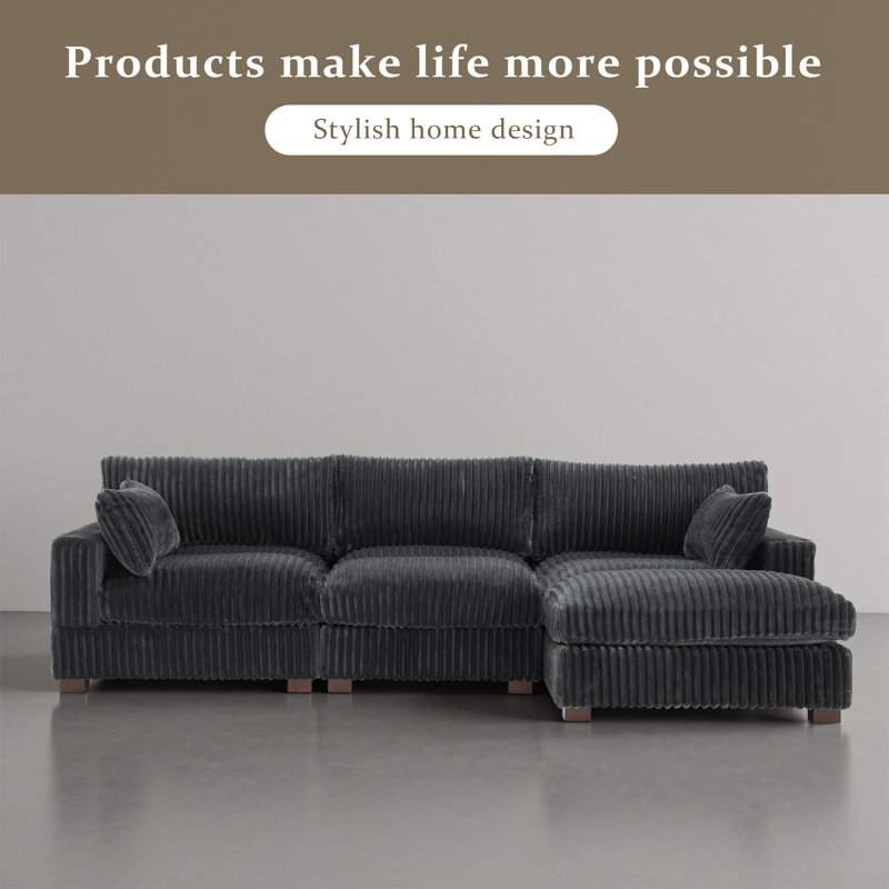 3 - Piece Upholstered Gray Faux Rabbit Fur Flannel Reversible Modular Sofa Living Room Sectional Couch with Pillows