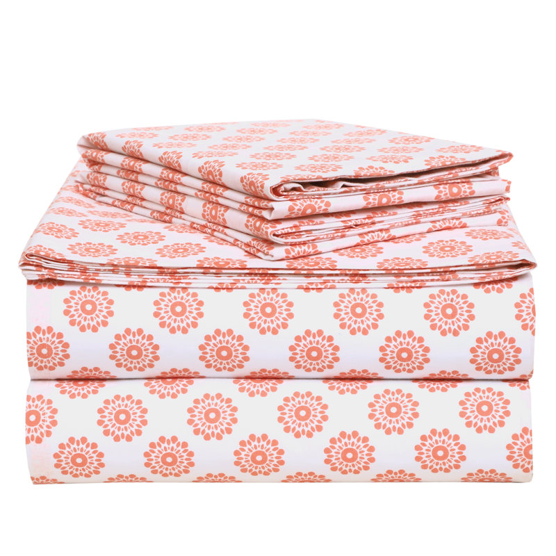 Ensemble de draps 100% coton 144 fils, Très grand, Corail Mandalas