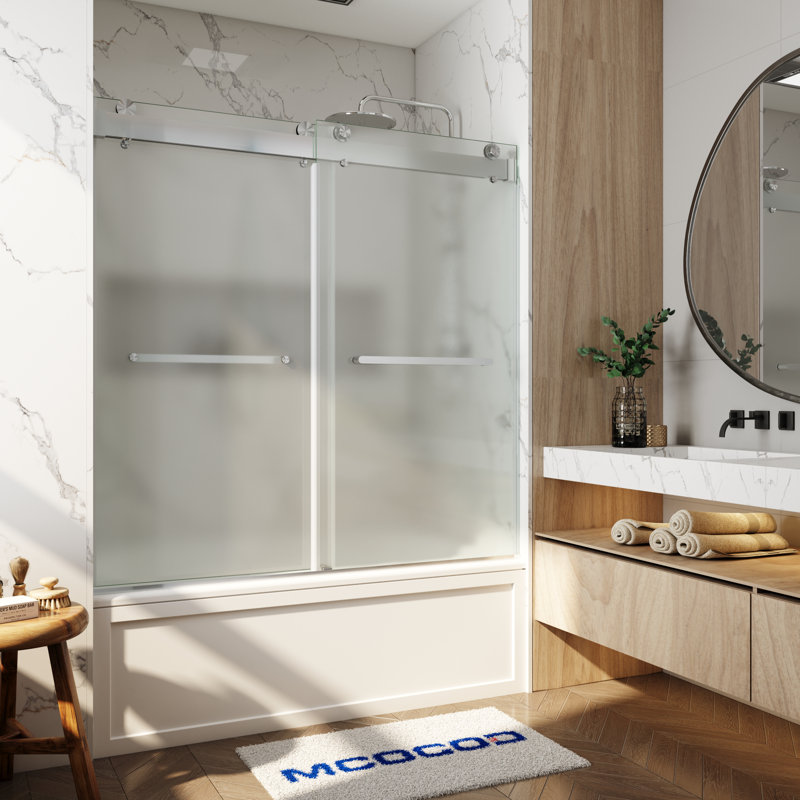 Porte de baignoire à double fermeture coulissante sans cadre avec verre givré de 3/8 po (10 mm) Opal Mirage MCOCOD l 56-61 "x H 66"