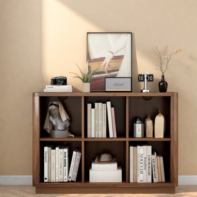 Bibliothèque spacieuse en noyer, tablette de rangement à 6 cubes en MDF, style campagne moderne pour la maison et le bureau