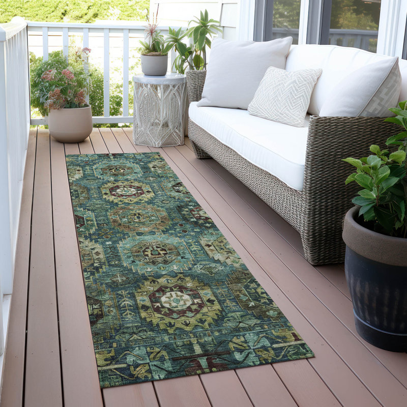 Machine Washable Indoor/Outdoor Xhevrie Teal Rug, Runner 2'3" x 7'6"