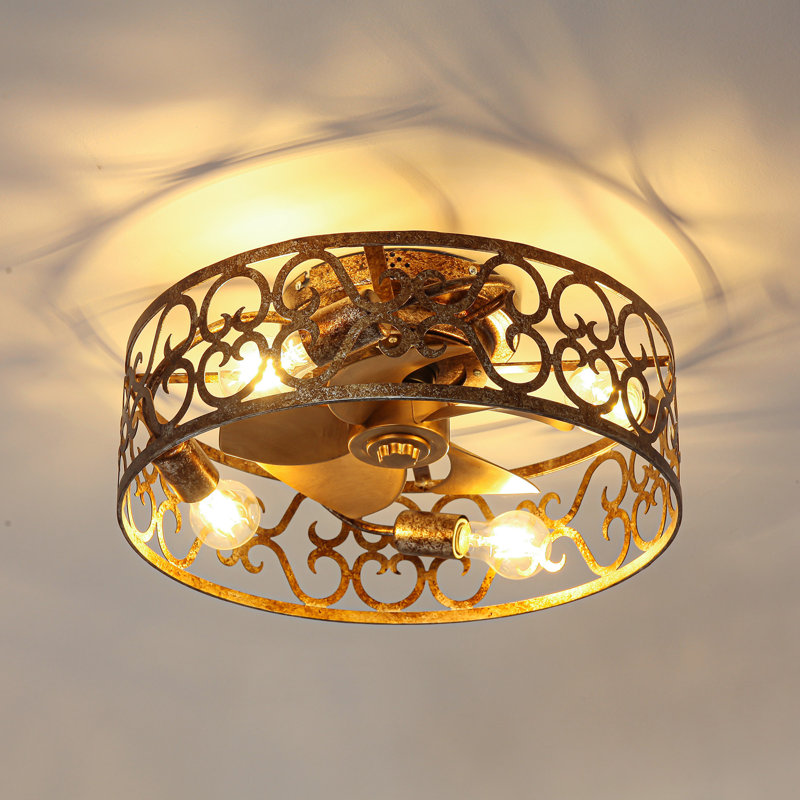 Ventilateur de plafond encastré doré vieilli 4 lumières avec télécommande APP et rétro Vintage 18 "