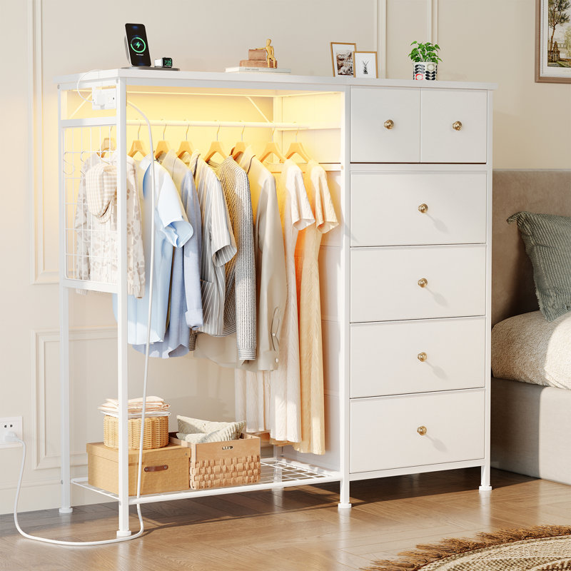  6 Drawer Dresser with Hanging Rack and Shoe Rack, Fabric Storage Dresser with Charging Station and LED Lights for Bedroom, Closet, Entryway