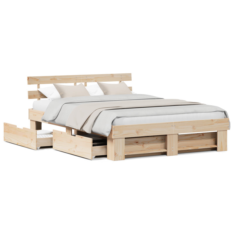 Bed Frame with Headboard Solid Pine Wood, European Double (140 x 200 cm), Brown